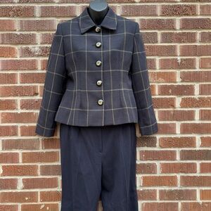 Louben Petites Virgin wool Pant Suit button up Blazer Sz 6 plaid Navy Vintage